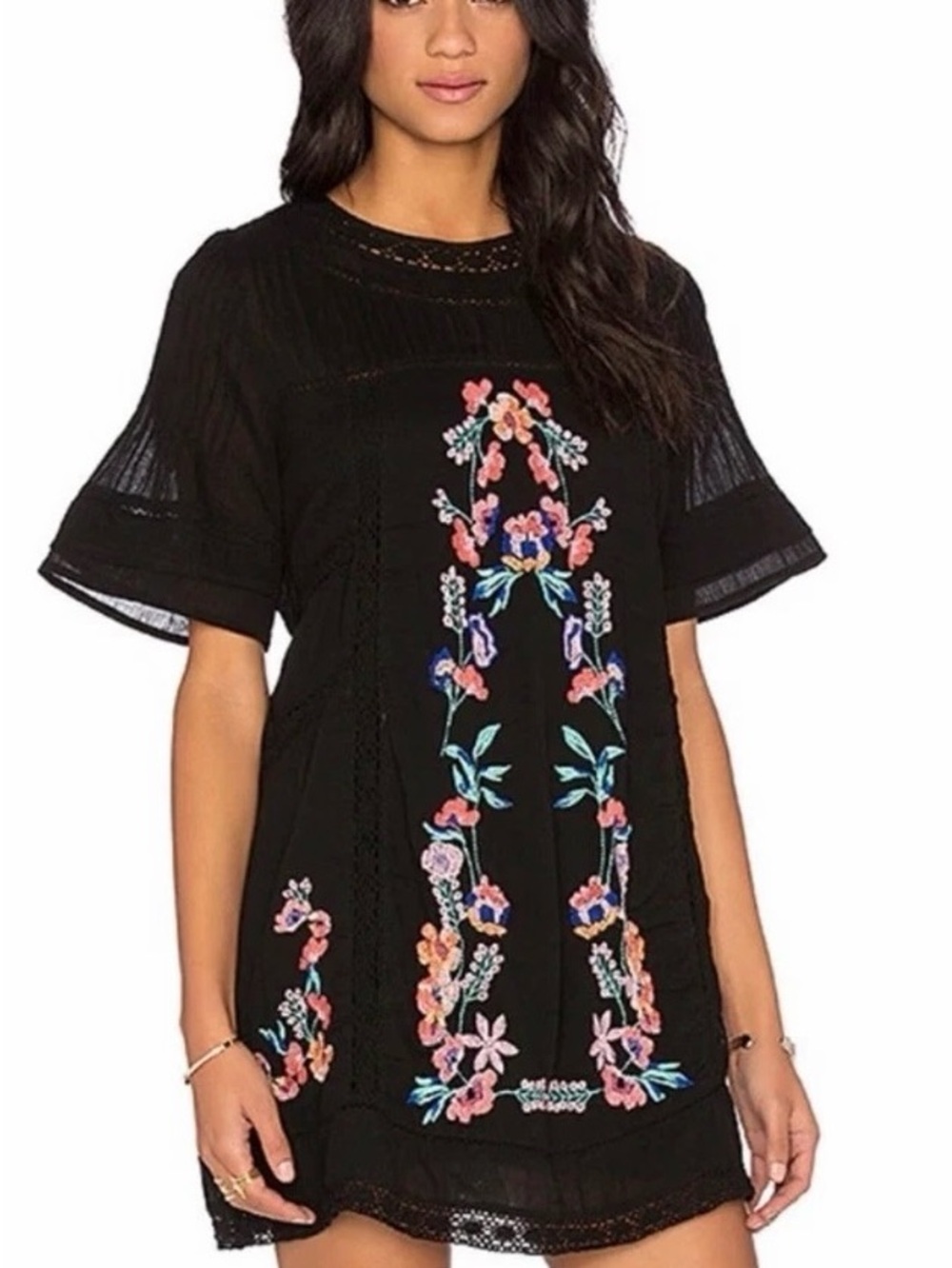 Free People Black Embroidered Floral Women’s Tunic Top